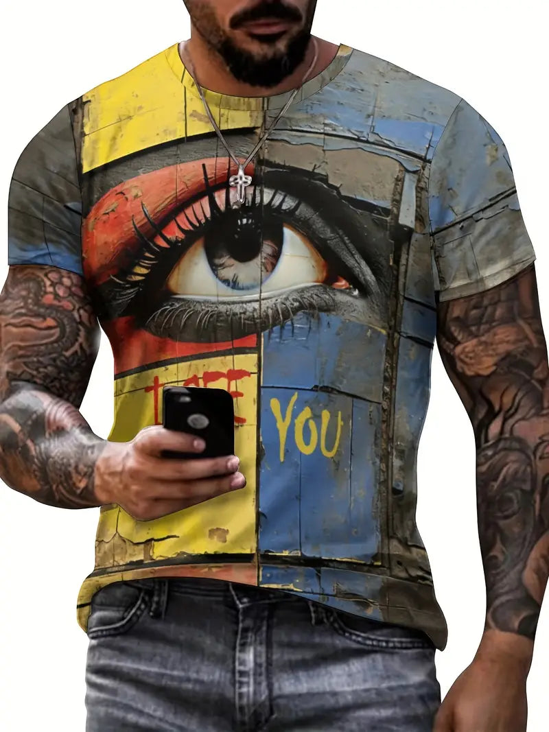Camiseta gráfica masculina com bloco de cores, com estampa 3D