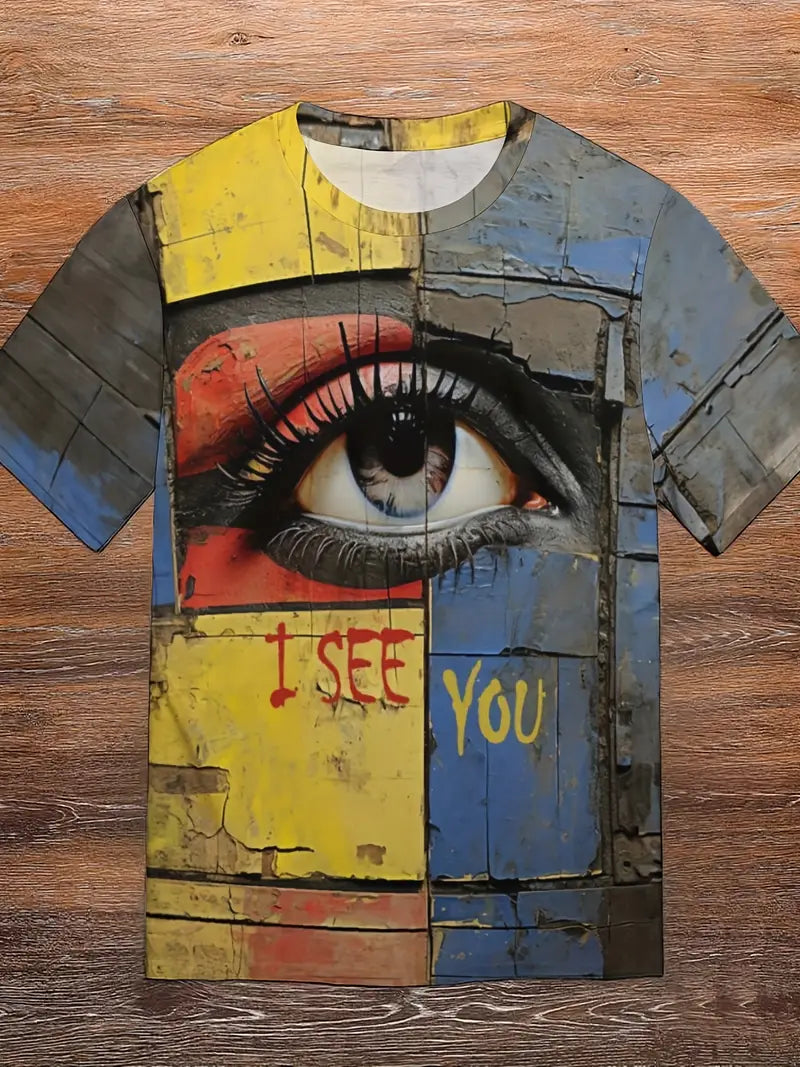 Camiseta gráfica masculina com bloco de cores, com estampa 3D