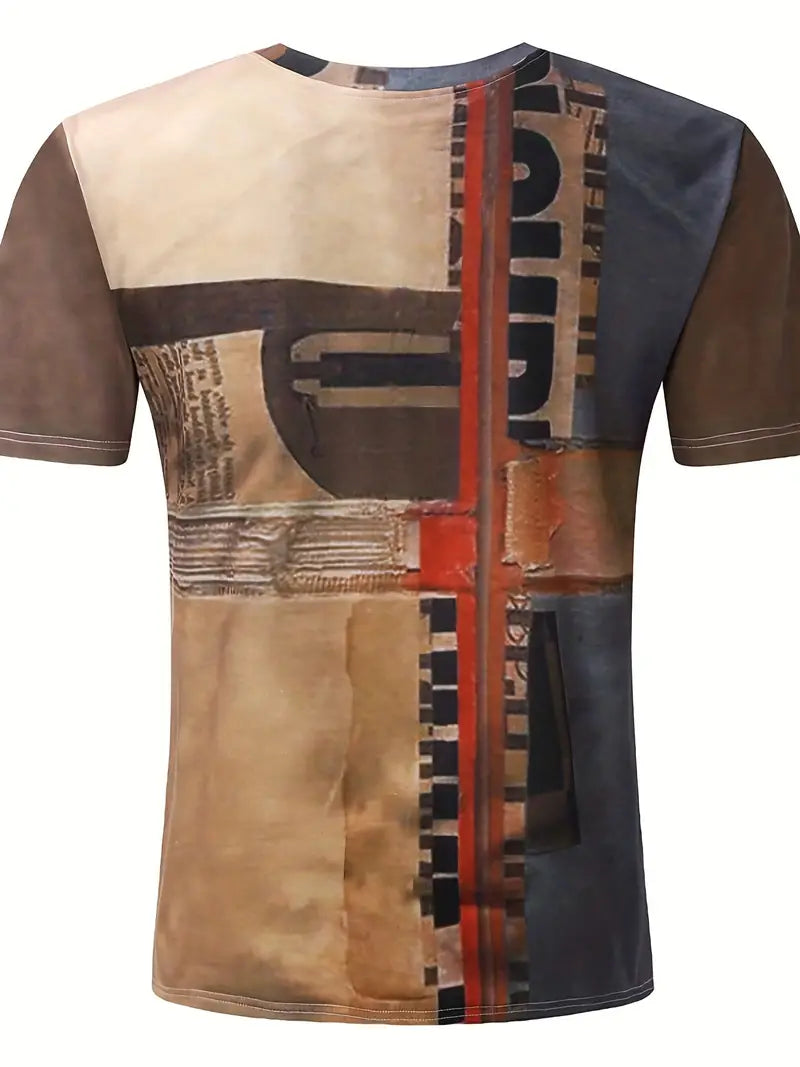 Camiseta masculina criativa com bloco de cores, manga curta e gola redonda