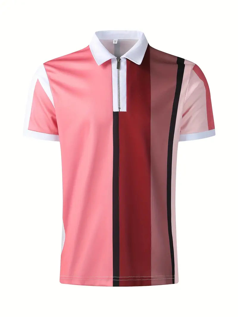 Camiseta masculina com estampa listrada e bloco de cores, com zíper e gola lapela