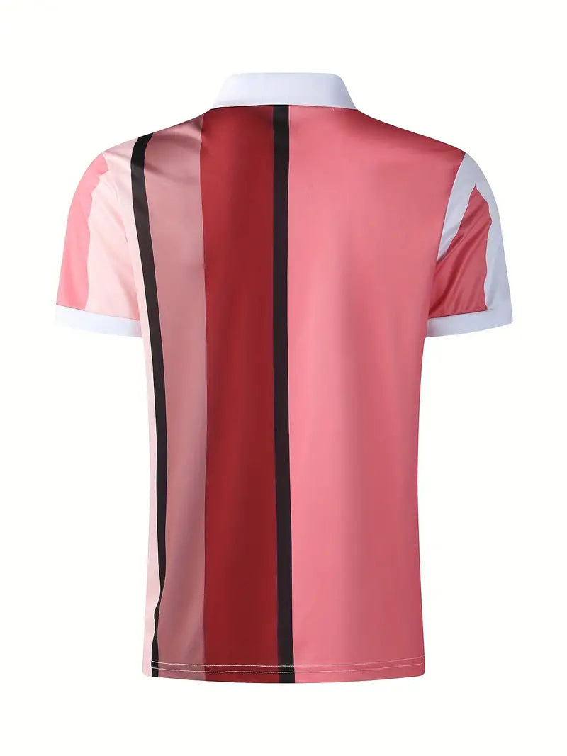 Camiseta masculina com estampa listrada e bloco de cores, com zíper e gola lapela