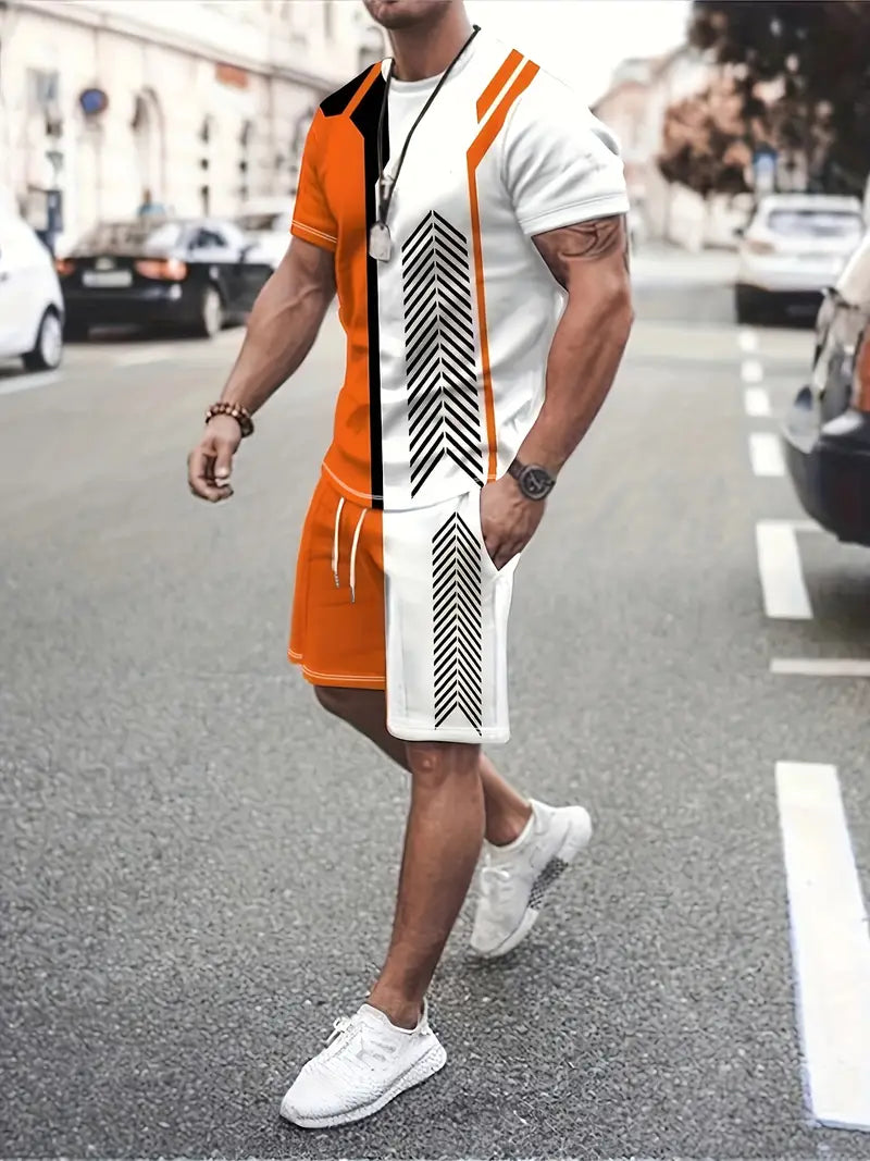 Conjunto de 2 peças de lazer de verão masculino, camiseta masculina de manga curta, gola redonda e shorts com cordão