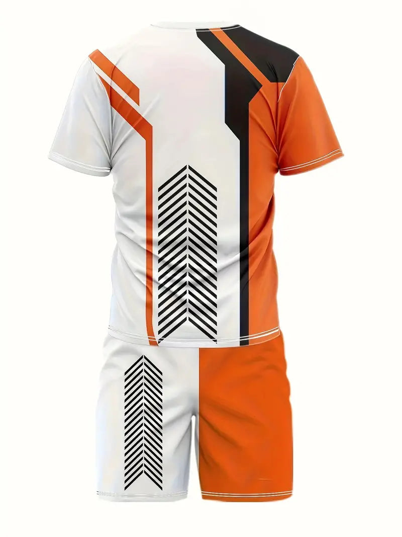 Conjunto de 2 peças de lazer de verão masculino, camiseta masculina de manga curta, gola redonda e shorts com cordão