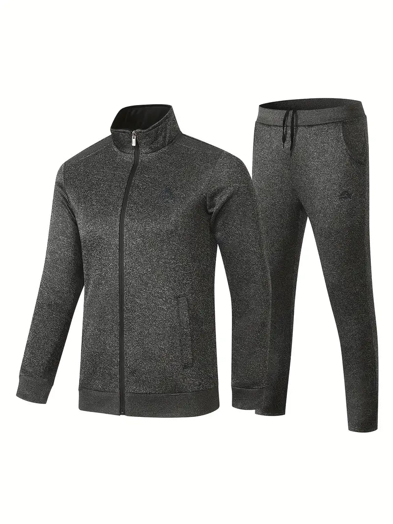 2 pçs terno esportivo, gola confortável masculina zip up jaqueta sólida & calças para caminhadas e actividades desportivas