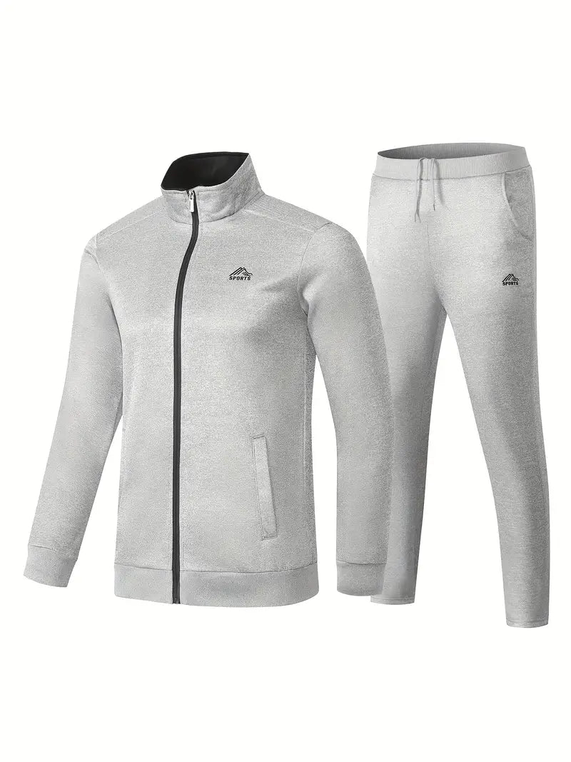 2 pçs terno esportivo, gola confortável masculina zip up jaqueta sólida & calças para caminhadas e actividades desportivas