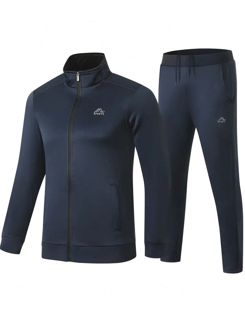 2 pçs terno esportivo, gola confortável masculina zip up jaqueta sólida & calças para caminhadas e actividades desportivas
