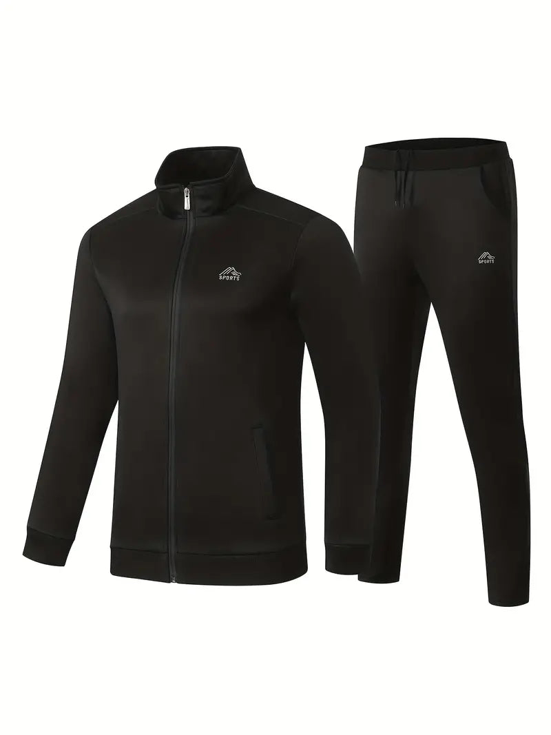 2 pçs terno esportivo, gola confortável masculina zip up jaqueta sólida & calças para caminhadas e actividades desportivas