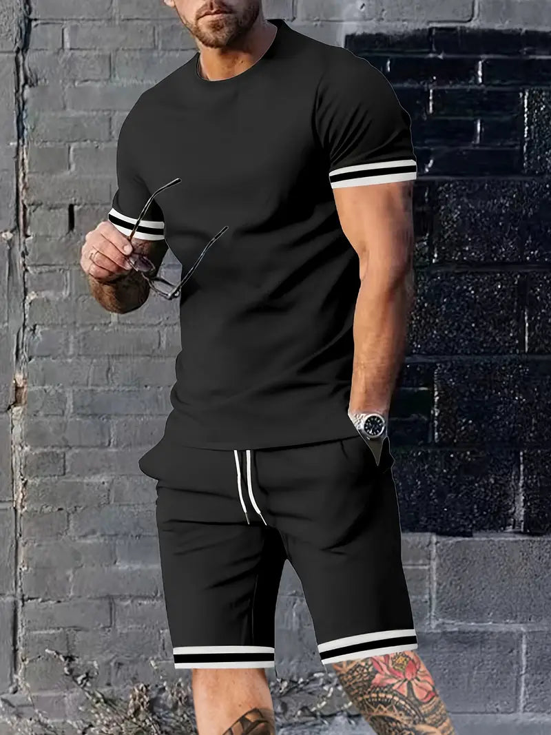 Conjunto de 2 peças de lazer de verão masculino, camiseta masculina de manga curta, gola redonda e shorts com cordão