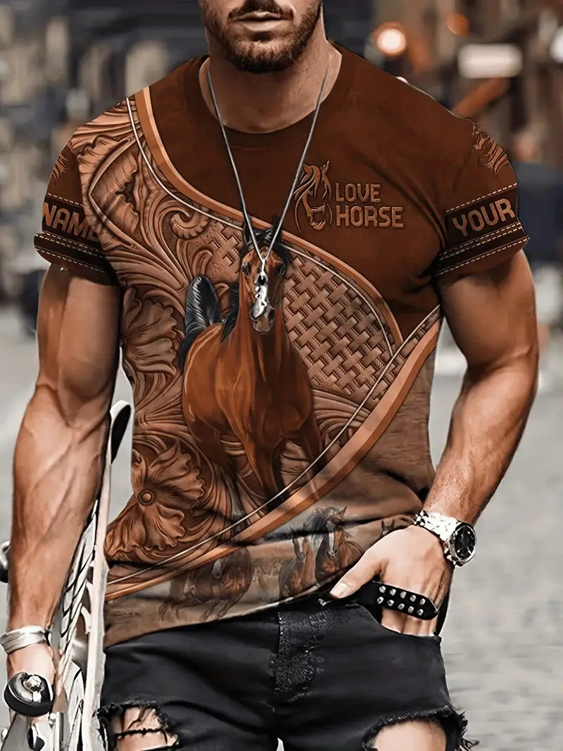 Camiseta masculina de manga curta com estampa em 3D de cavalo