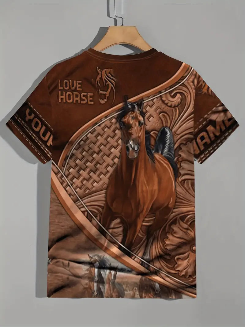 Camiseta masculina de manga curta com estampa em 3D de cavalo