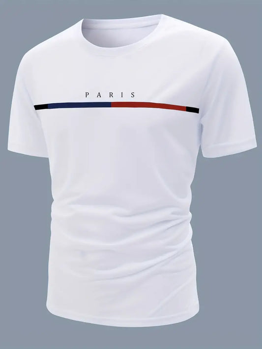 Camiseta casual com estampa do alfabeto de Paris – tecido elástico confortável, camisa masculina durável