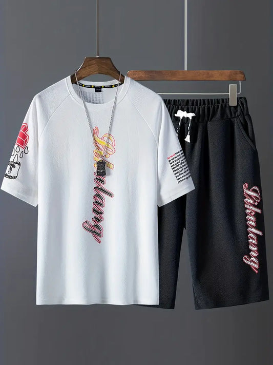 Conjunto de roupas masculinas da moda de estilo hip-hop, camiseta de manga curta e shorts largos com cordão