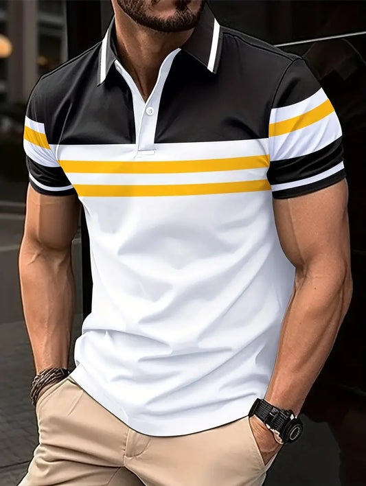 Camisa de manga curta masculina de riscas de cores, para lazer e esportes