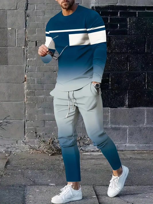 Conjunto de verão masculino moderno de 2 peças Ombre – camiseta respirável com gola redonda e manga comprida e calça de moletom
