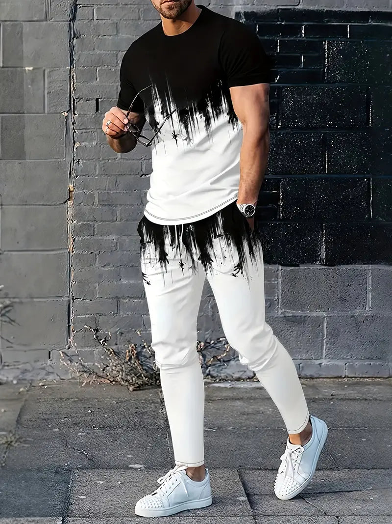 Conjunto de 2 peças de lazer de verão masculino, camiseta masculina de manga curta, gola redonda e shorts com cordão