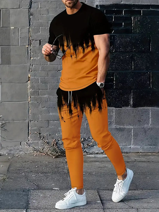Conjunto de 2 peças de lazer de verão masculino, camiseta masculina de manga curta, gola redonda e shorts com cordão