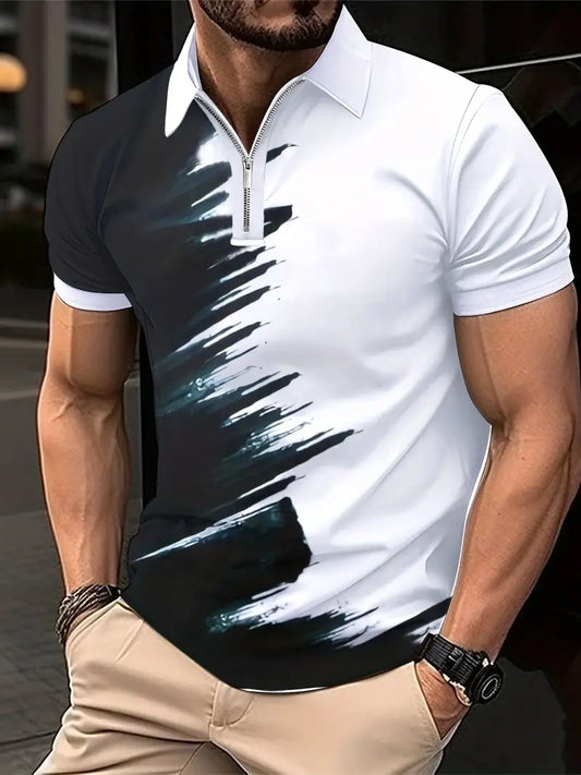 Camisete polo masculina elegante com zíper e cor sólida