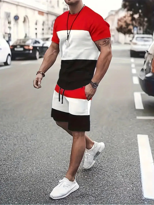 Conjunto de 2 peças de lazer de verão masculino, camiseta masculina de manga curta, gola redonda e shorts com cordão