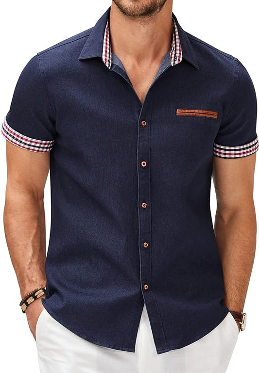 Camisa masculina casual de manga curta com botões, camisa jeans de trabalho