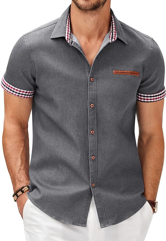 Camisa masculina casual de manga curta com botões, camisa jeans de trabalho
