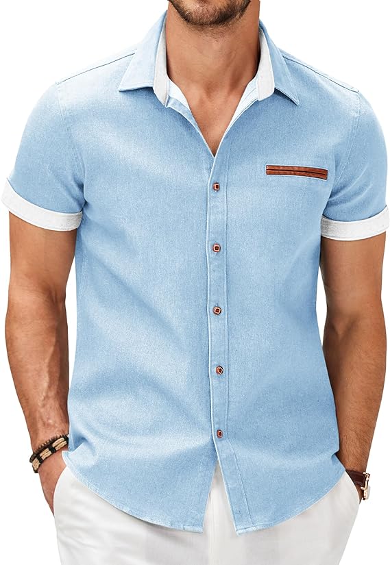Camisa masculina casual de manga curta com botões, camisa jeans de trabalho