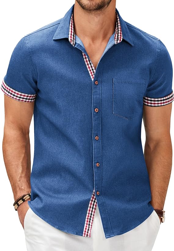 Camisa masculina casual de manga curta com botões, camisa jeans de trabalho