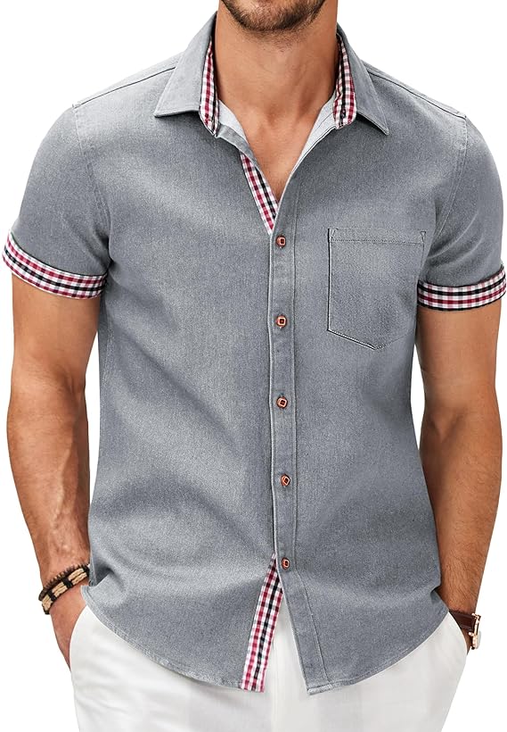 Camisa masculina casual de manga curta com botões, camisa jeans de trabalho