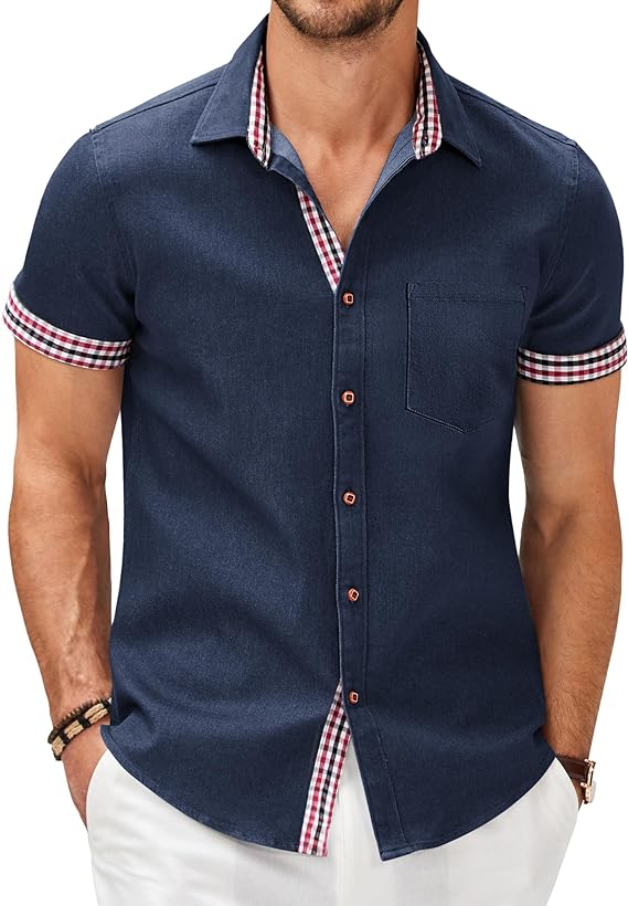 Camisa masculina casual de manga curta com botões, camisa jeans de trabalho
