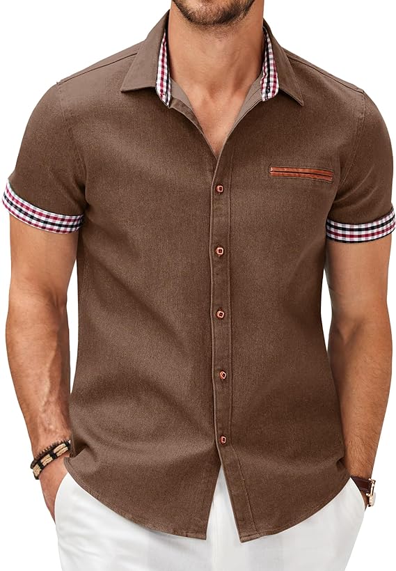 Camisa masculina casual de manga curta com botões, camisa jeans de trabalho