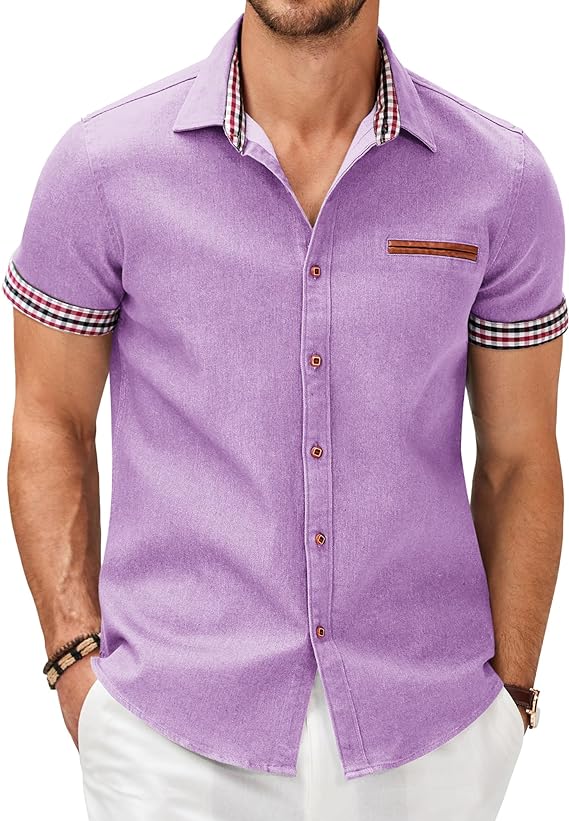 Camisa masculina casual de manga curta com botões, camisa jeans de trabalho