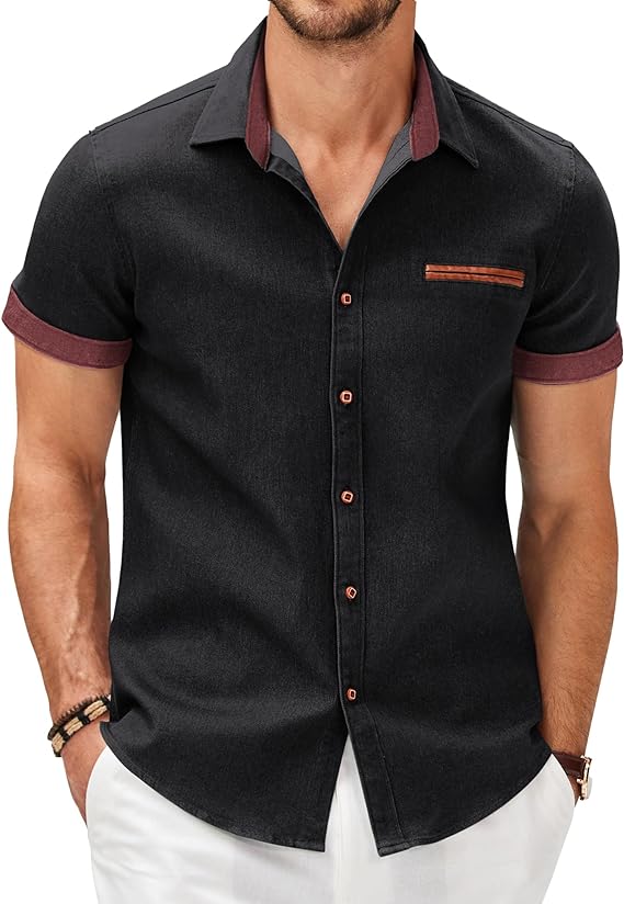 Camisa masculina casual de manga curta com botões, camisa jeans de trabalho