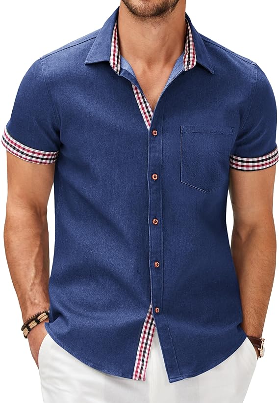 Camisa masculina casual de manga curta com botões, camisa jeans de trabalho