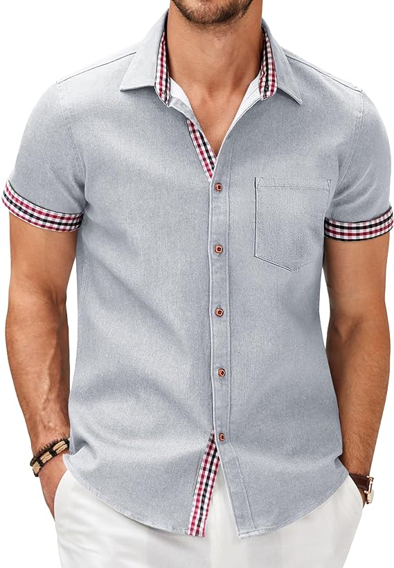 Camisa masculina casual de manga curta com botões, camisa jeans de trabalho