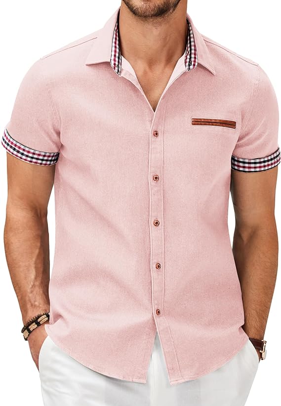 Camisa masculina casual de manga curta com botões, camisa jeans de trabalho