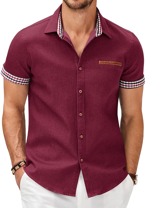 Camisa masculina casual de manga curta com botões, camisa jeans de trabalho