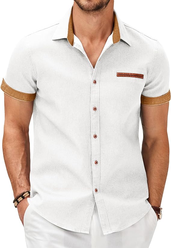 Camisa masculina casual de manga curta com botões, camisa jeans de trabalho