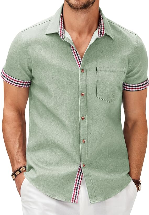 Camisa masculina casual de manga curta com botões, camisa jeans de trabalho