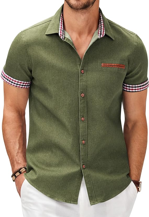 Camisa masculina casual de manga curta com botões, camisa jeans de trabalho