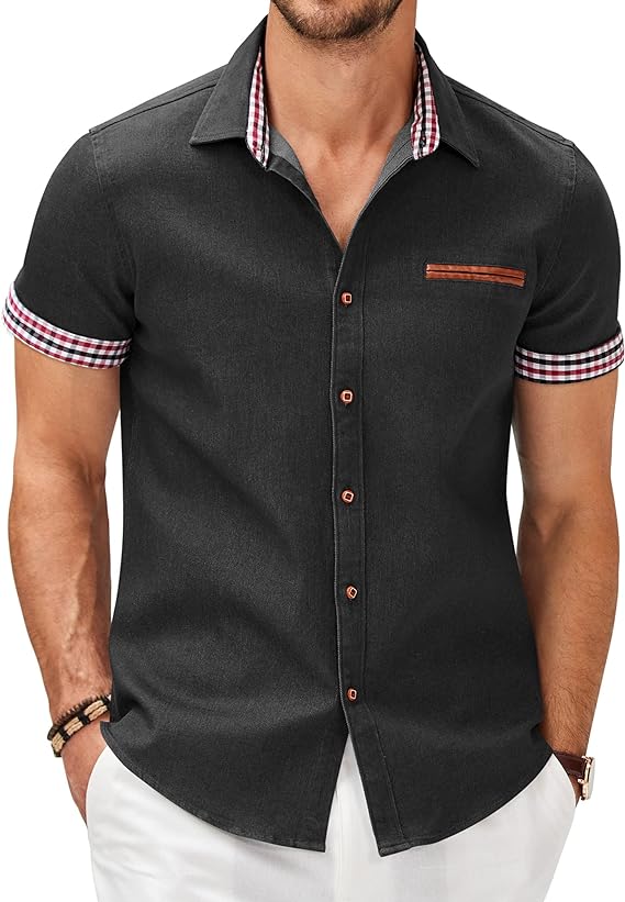 Camisa masculina casual de manga curta com botões, camisa jeans de trabalho