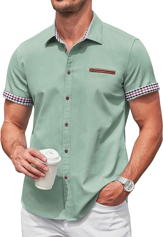 Camisa masculina casual de manga curta com botões, camisa jeans de trabalho