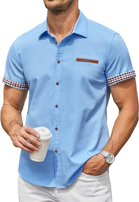 Camisa masculina casual de manga curta com botões, camisa jeans de trabalho