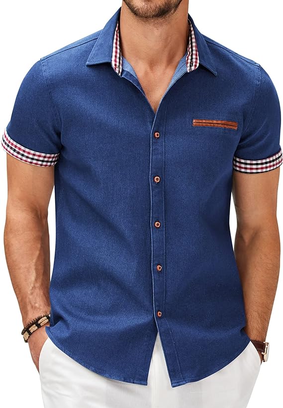 Camisa masculina casual de manga curta com botões, camisa jeans de trabalho
