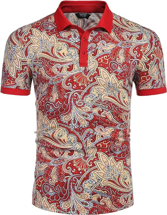 Camisas polo masculinas casuais de manga curta Slim Fit Paisley Polo Camisetas com estampa floral