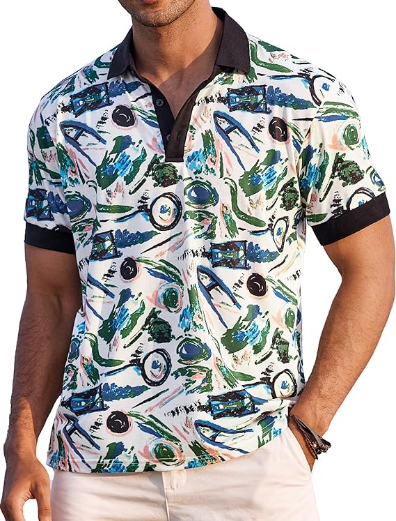 Camisas polo masculinas casuais de manga curta Slim Fit Paisley Polo Camisetas com estampa floral