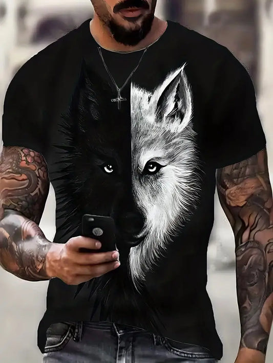 Camiseta masculina com estampa de lobo 3D – estilo casual confortável, perfeita para exercícios físicos