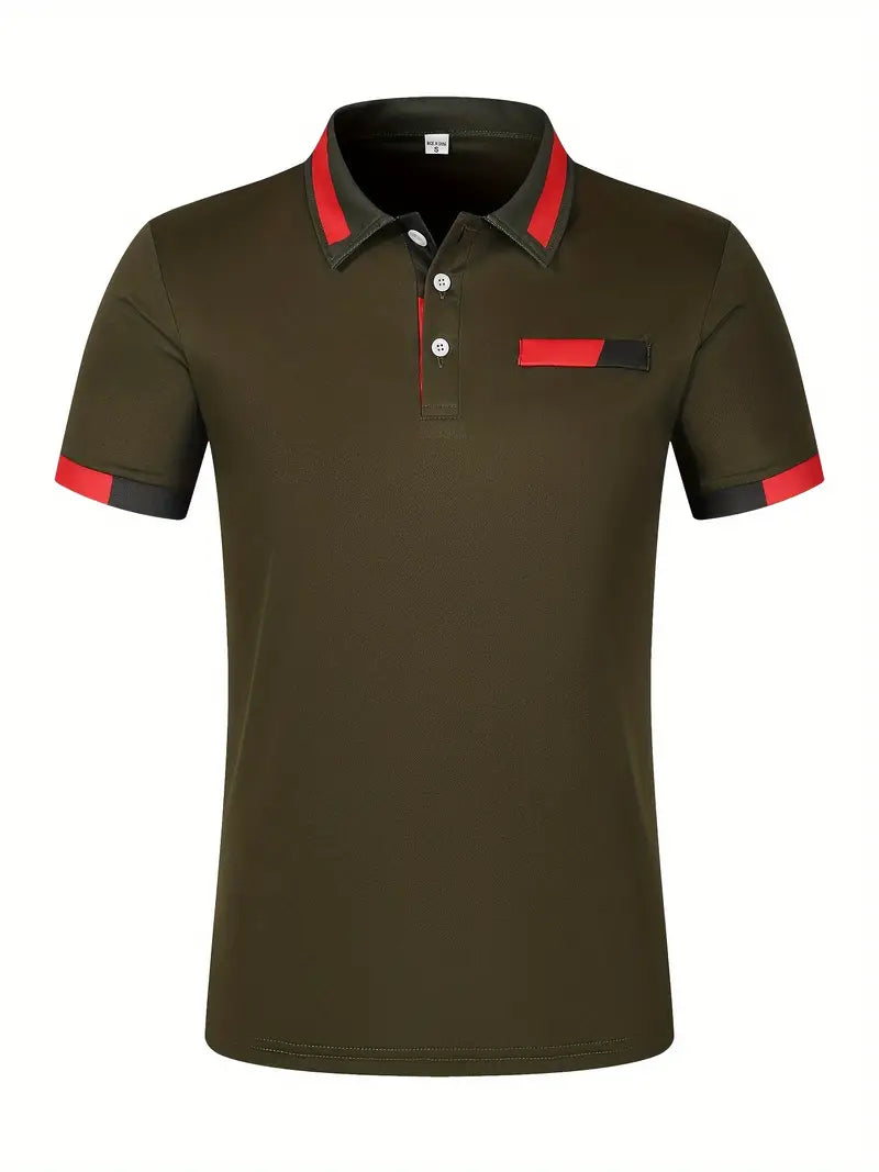 Camiseta Polo masculino de manga curta, design de bloco colorido – ideal para esportes