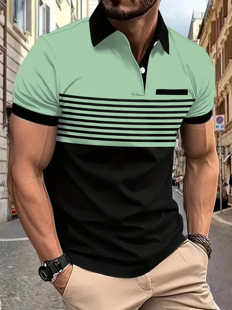 Camiseta Polo de golfe masculino moderno de manga curta – Design em bloco de cores listrado