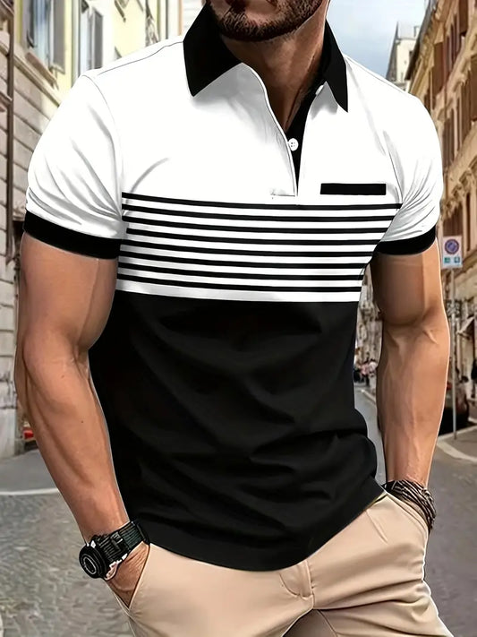 Camiseta Polo de golfe masculino moderno de manga curta – Design em bloco de cores listrado