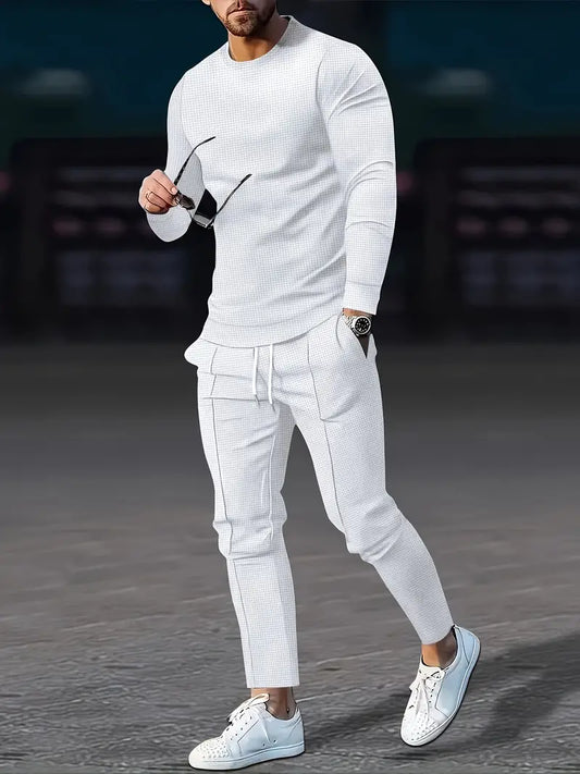 Conjunto de jogger confortável masculino de 2 peças – moletom relaxado com gola redonda