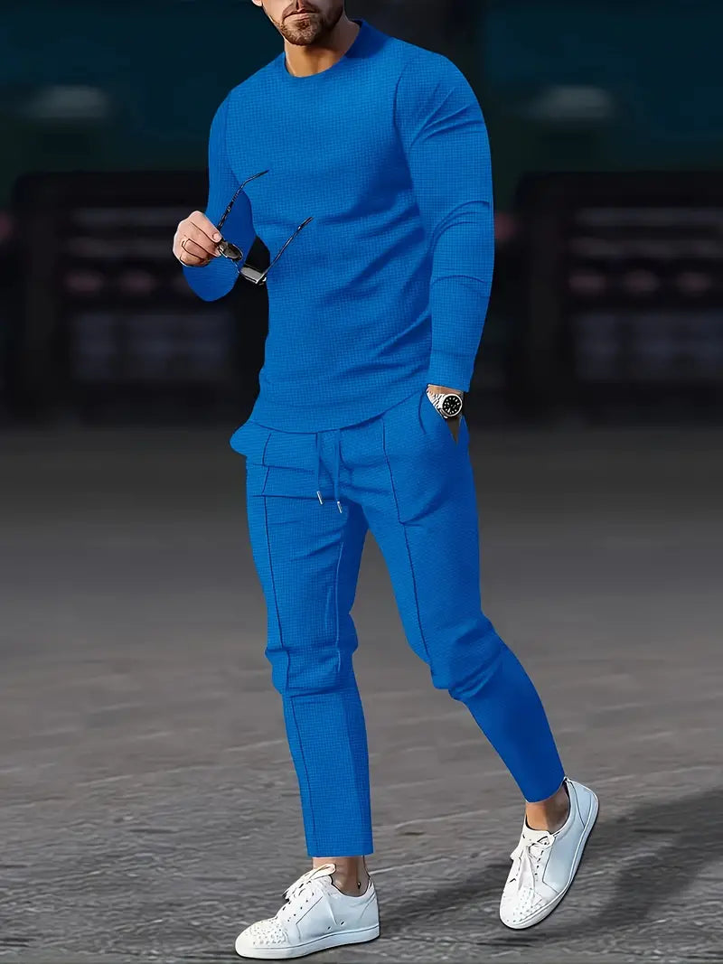Conjunto de jogger confortável masculino de 2 peças – moletom relaxado com gola redonda